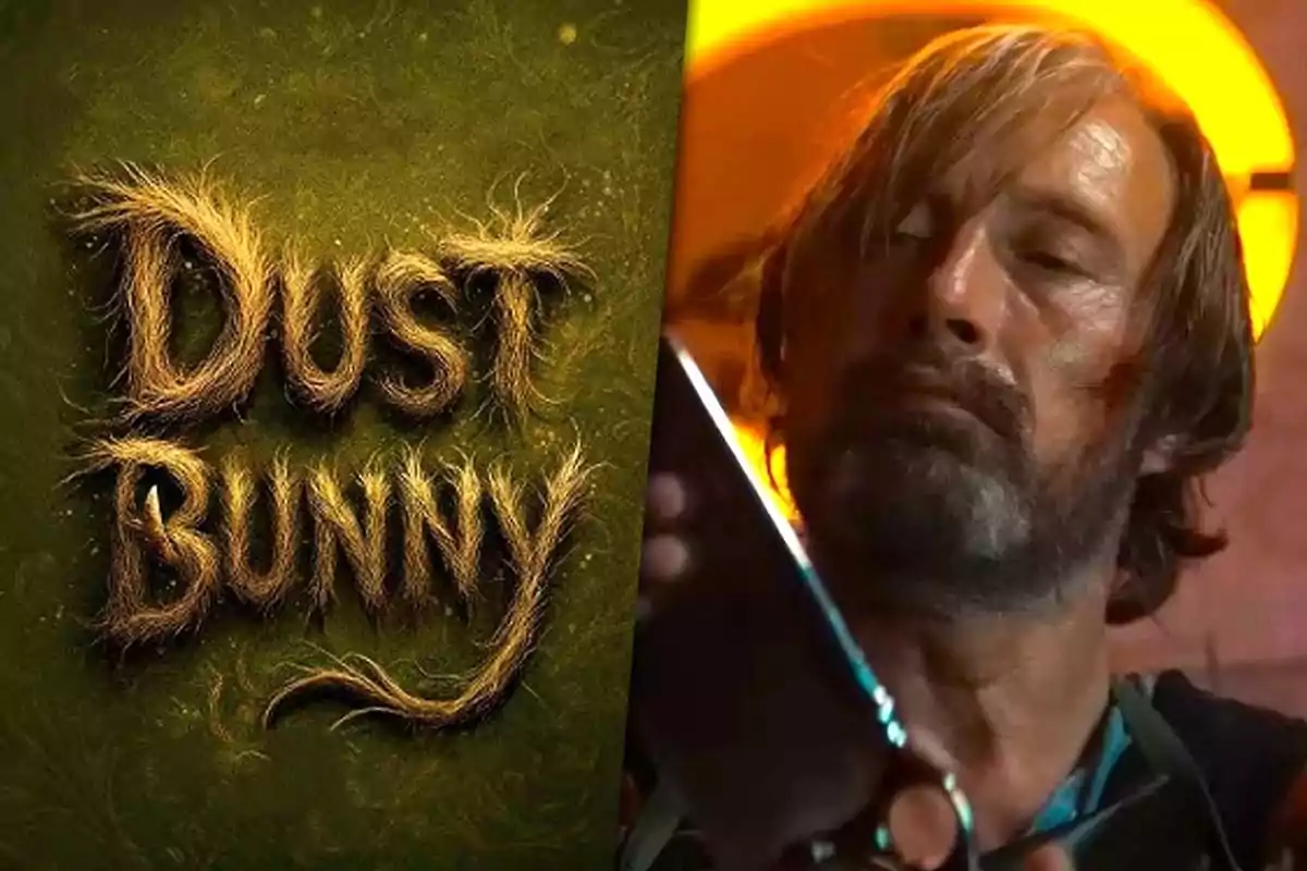 Cartel de la película Dust Bunny con el título hecho de letras peludas y un hombre de cabello largo y barba sosteniendo unas tijeras bajo una luz amarilla