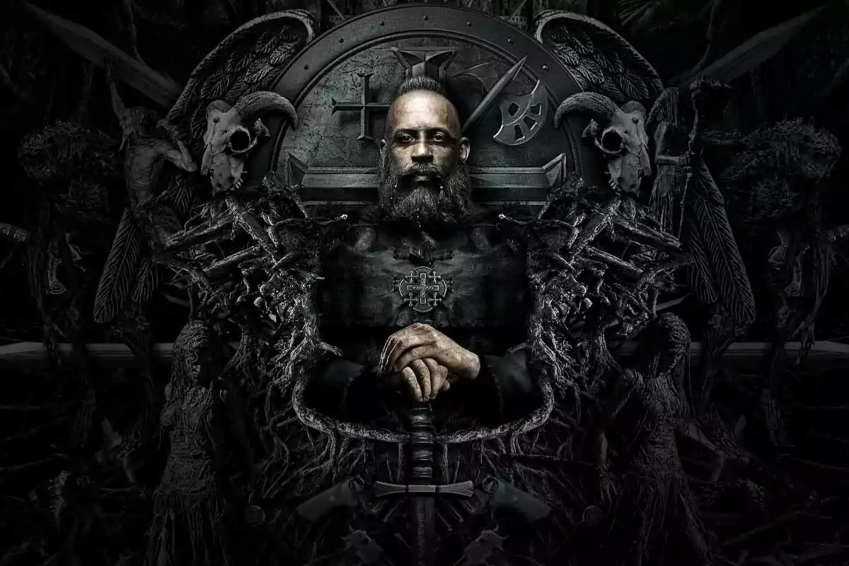 Serious-looking man with a beard and short hair sitting on a dark throne surrounded by gothic figures and symbols, holding a sword with both hands Serious-looking man with a beard and short hair sitting on a dark throne surrounded by gothic figures and symbols, holding a sword with both hands