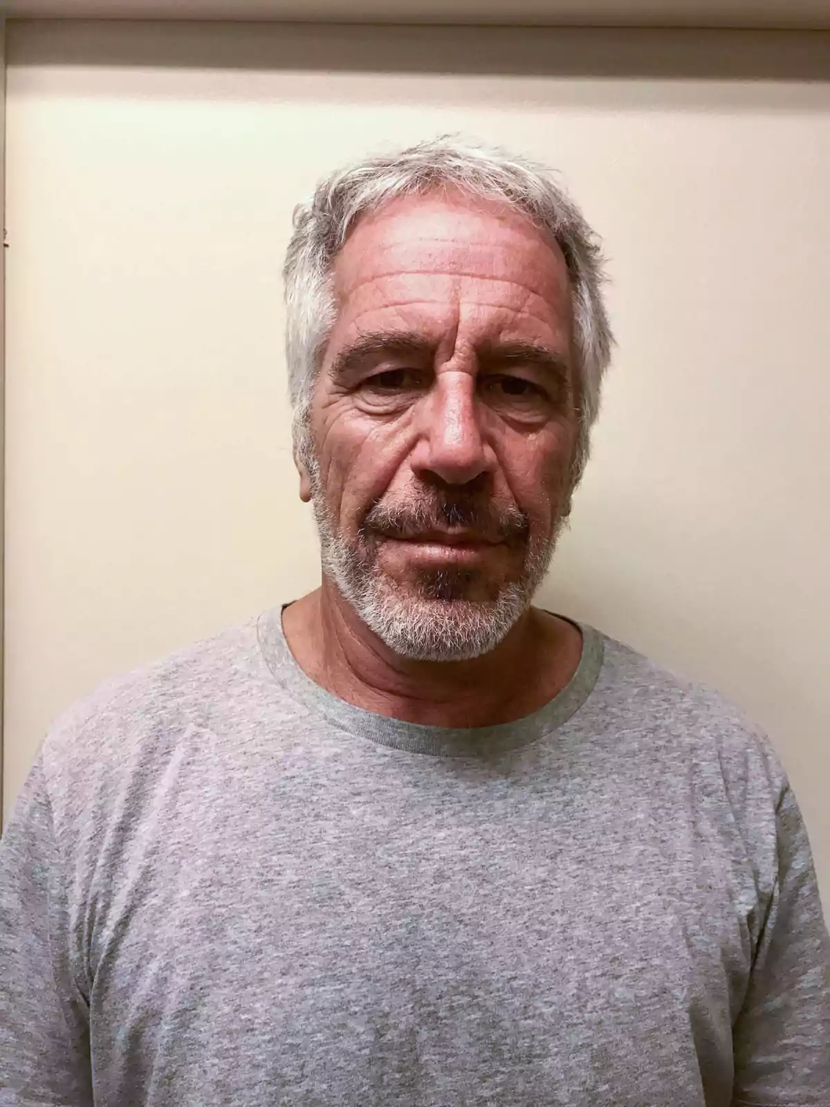 Gray-haired man with a short beard wearing a gray t-jersey in front of a beige wall Gray-haired man with a short beard wearing a gray t-jersey in front of a beige wall