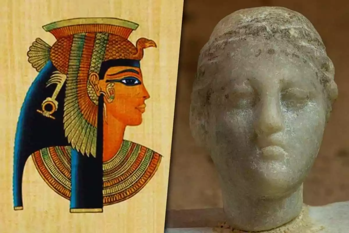 Colorful illustration of an Egyptian queen next to a marble sculpture of an ancient female face