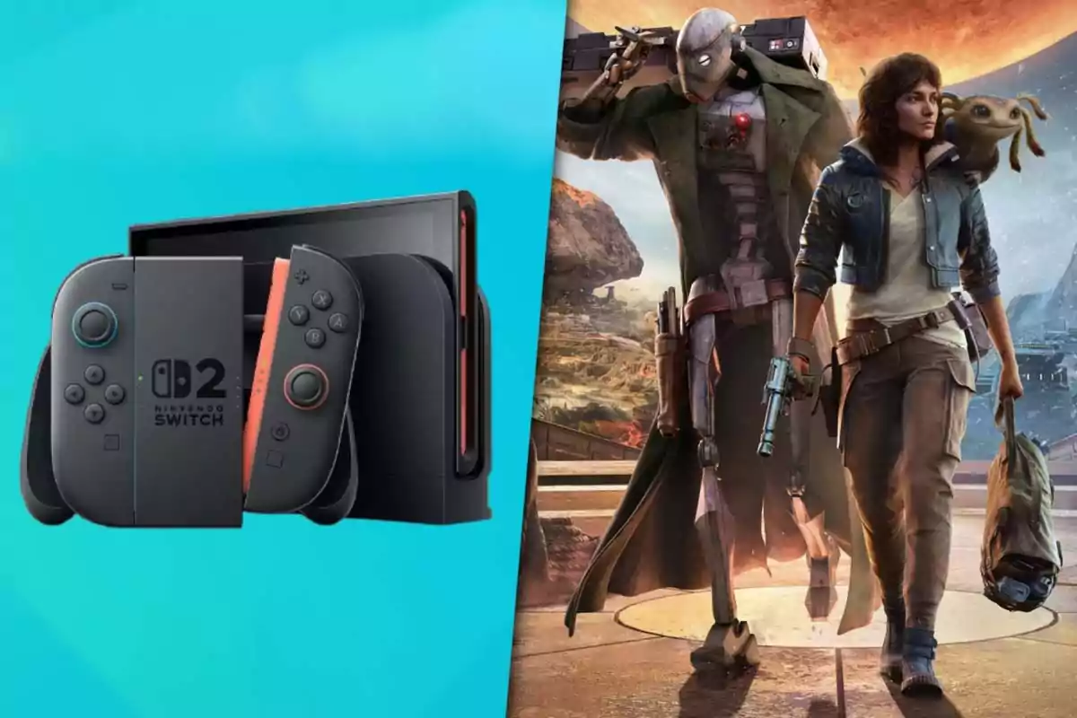 Consola Nintendo Switch junto a dos personajes de videojuego en un entorno futurista