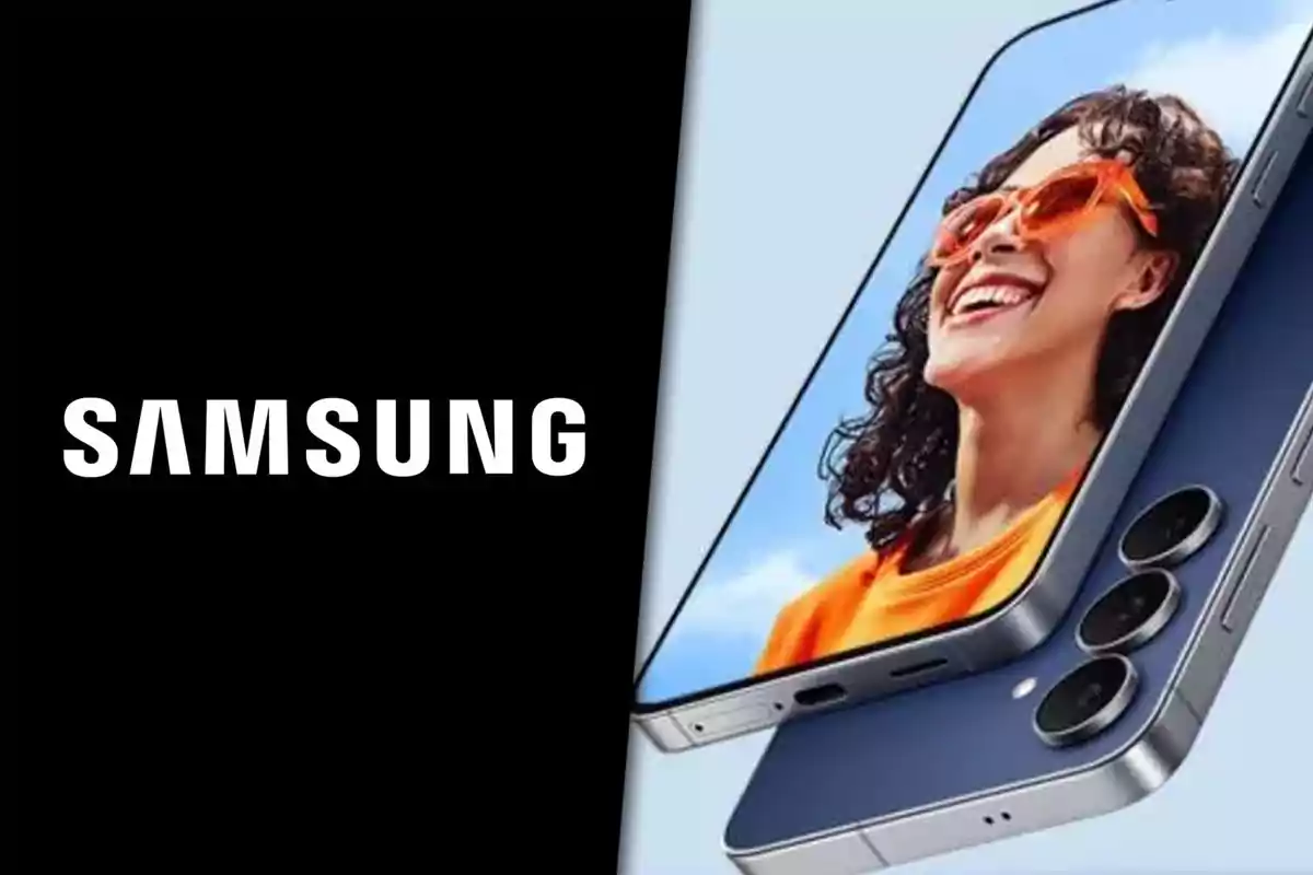 Logo de Samsung junto a un teléfono inteligente con la imagen de una mujer sonriente en la pantalla