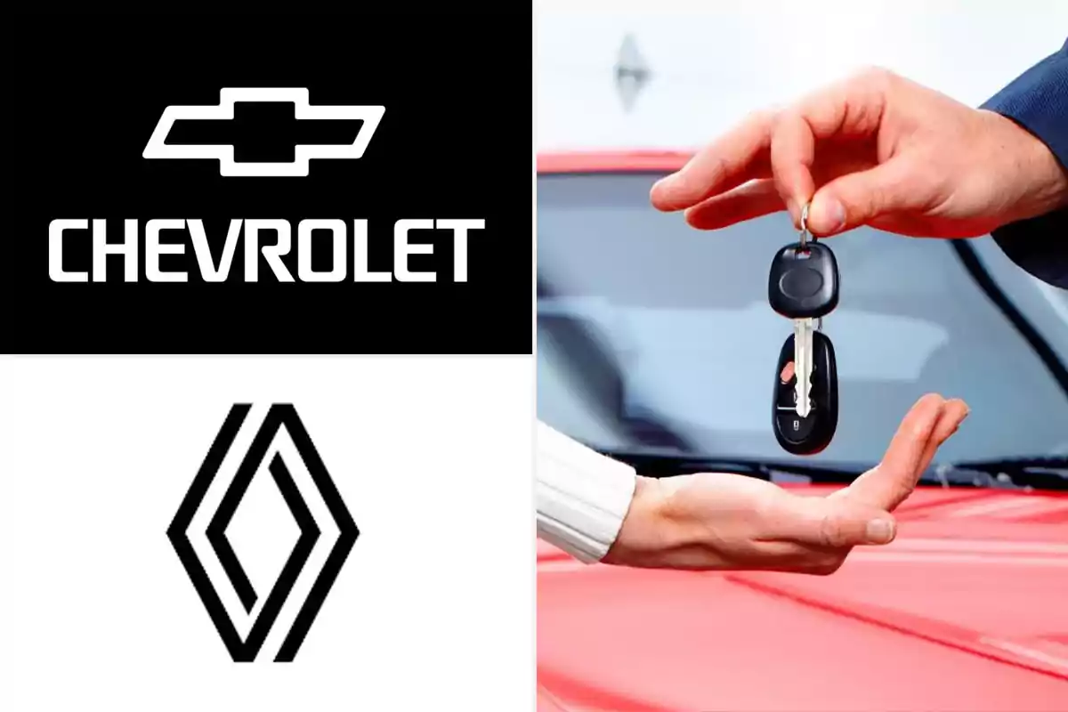 Logos de Chevrolet y Renault junto a una persona entregando unas llaves de auto a otra frente a un coche rojo
