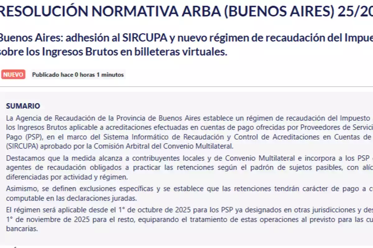 Screenshot of a news article about Buenos Aires joining SIRCUPA and the new collection regime for the Gross Income Tax on virtual wallets, recently published, with a summary explaining the scope and application of the measure Screenshot of a news article about Buenos Aires joining SIRCUPA and the new collection regime for the Gross Income Tax on virtual wallets, recently published, with a summary explaining the scope and application of the measure