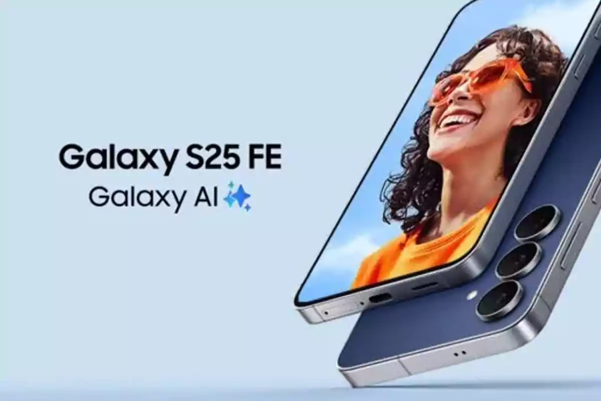 Imagen promocional del Galaxy S25 FE con la frase Galaxy AI y un teléfono mostrando a una mujer sonriente con gafas naranjas Imagen promocional del Galaxy S25 FE con la frase Galaxy AI y un teléfono mostrando a una mujer sonriente con gafas naranjas