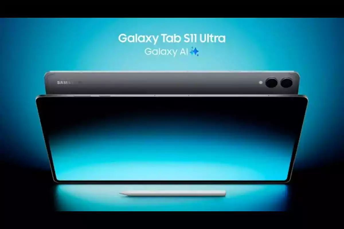 Tablet Samsung Galaxy Tab S11 Ultra con lápiz óptico sobre fondo azul y texto promocional de Galaxy AI Tablet Samsung Galaxy Tab S11 Ultra con lápiz óptico sobre fondo azul y texto promocional de Galaxy AI