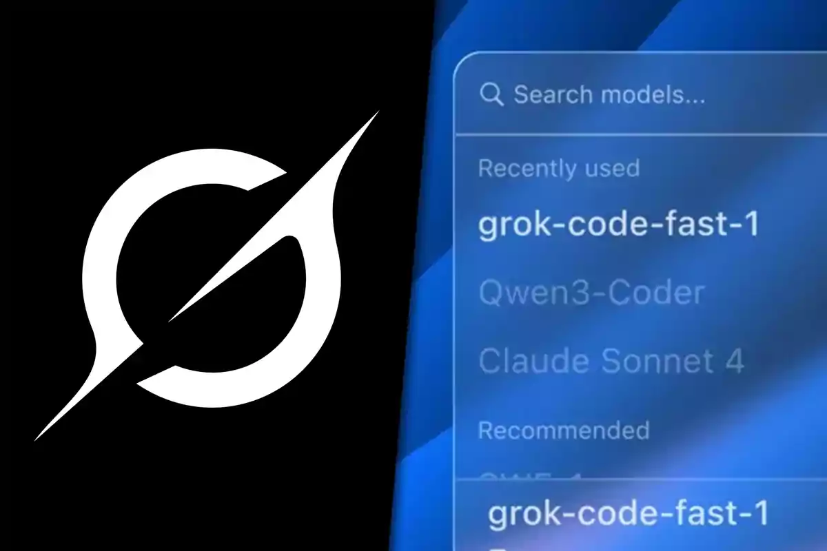 Logo blanco de Grok a la izquierda y una lista de modelos de inteligencia artificial en una interfaz azul a la derecha, destacando el modelo grok-code-fast-1