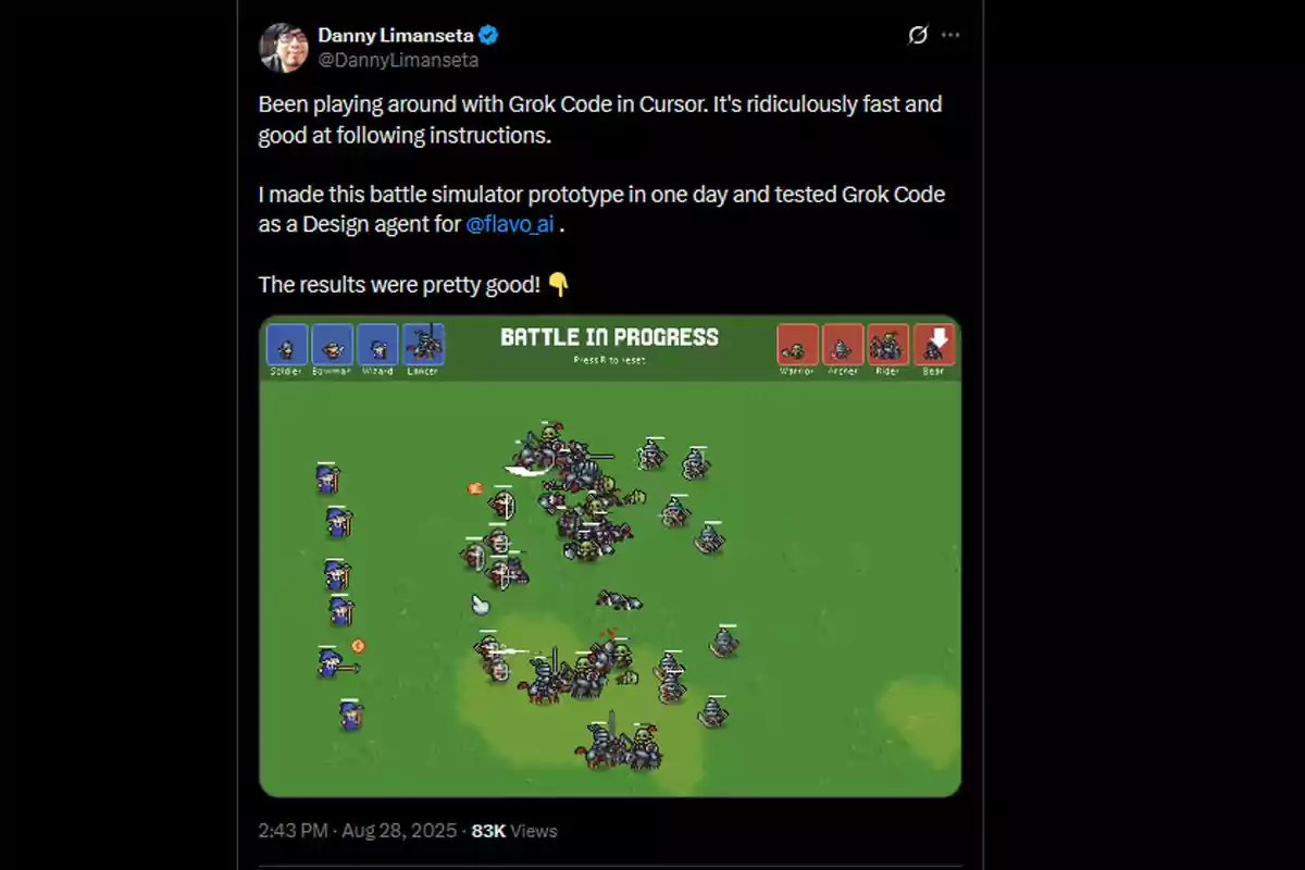 Captura de pantalla de un tuit donde se muestra un simulador de batalla con gráficos pixelados y personajes enfrentándose en un campo verde, acompañado de un mensaje sobre el uso de Grok Code para crear el prototipo Captura de pantalla de un tuit donde se muestra un simulador de batalla con gráficos pixelados y personajes enfrentándose en un campo verde, acompañado de un mensaje sobre el uso de Grok Code para crear el prototipo