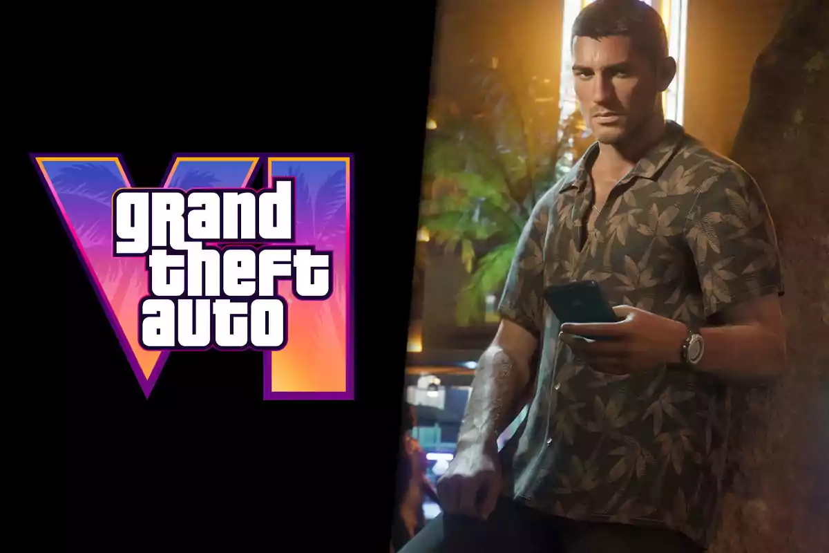Colorful Grand Theft Auto VI logo next to a male character in a patterned jersey holding a mobile phone in a tropical nighttime setting