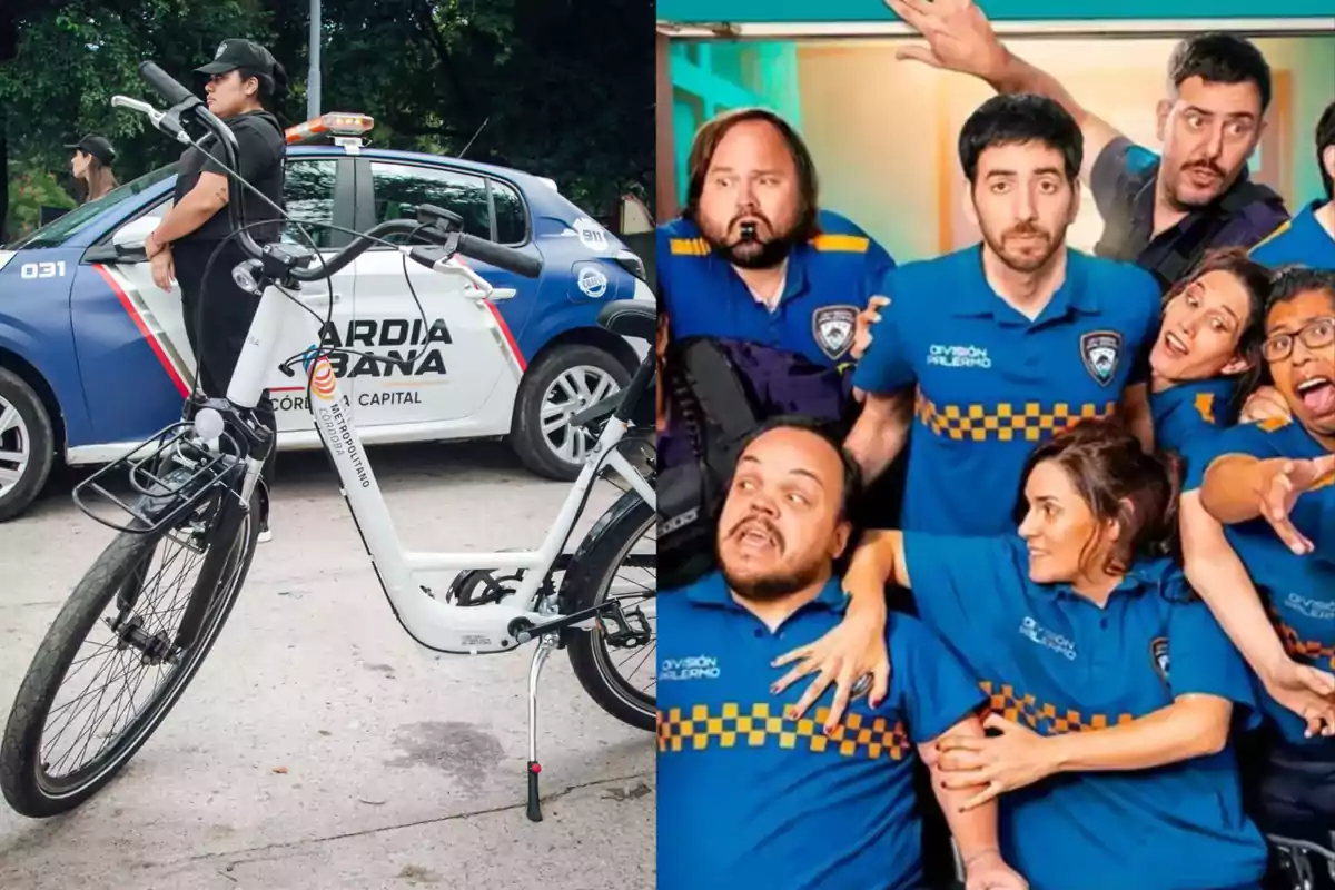 On the left, a uniformed woman stands next to a bicycle and an urban guard car, while on the right, several people in blue jerseys pose playfully.