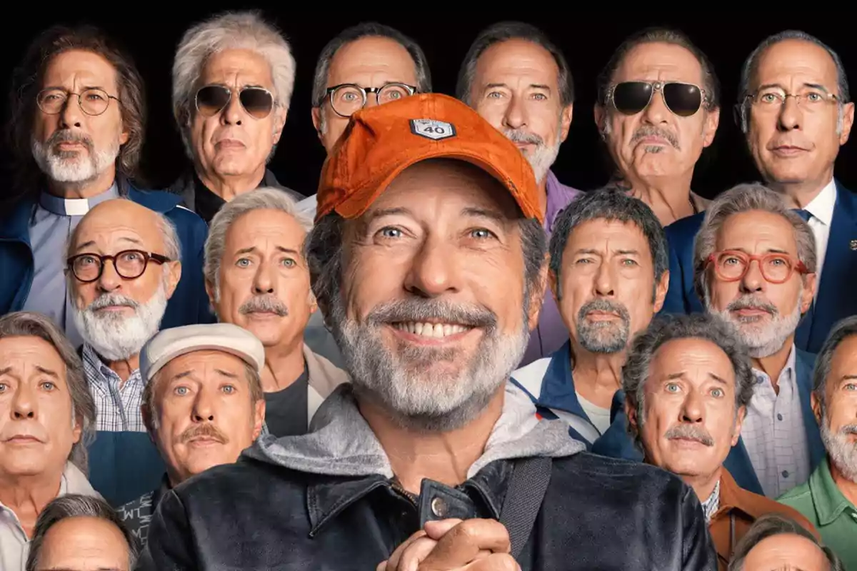 Un hombre sonriente con barba y gorra naranja aparece en primer plano, rodeado de varias versiones de sí mismo con diferentes atuendos y expresiones.