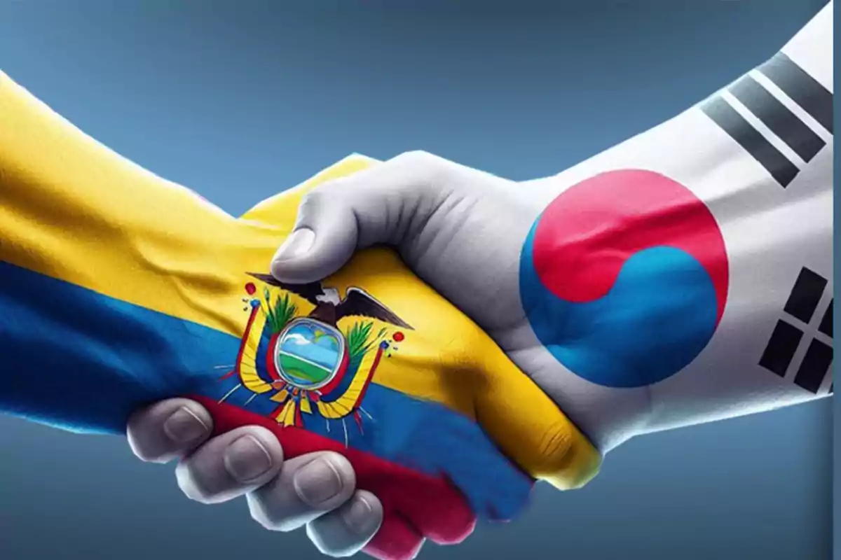 Dos manos dándose un apretón, una con la bandera de Ecuador y la otra con la bandera de Corea del Sur
