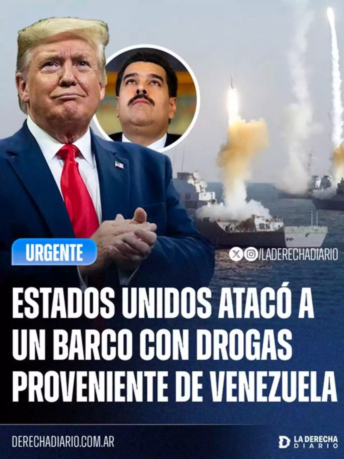 Montaje con la imagen de un hombre de cabello rubio y traje azul, otra persona en un círculo y al fondo barcos lanzando misiles, acompañado de un titular sobre un ataque de Estados Unidos a un barco con drogas de Venezuela Montaje con la imagen de un hombre de cabello rubio y traje azul, otra persona en un círculo y al fondo barcos lanzando misiles, acompañado de un titular sobre un ataque de Estados Unidos a un barco con drogas de Venezuela