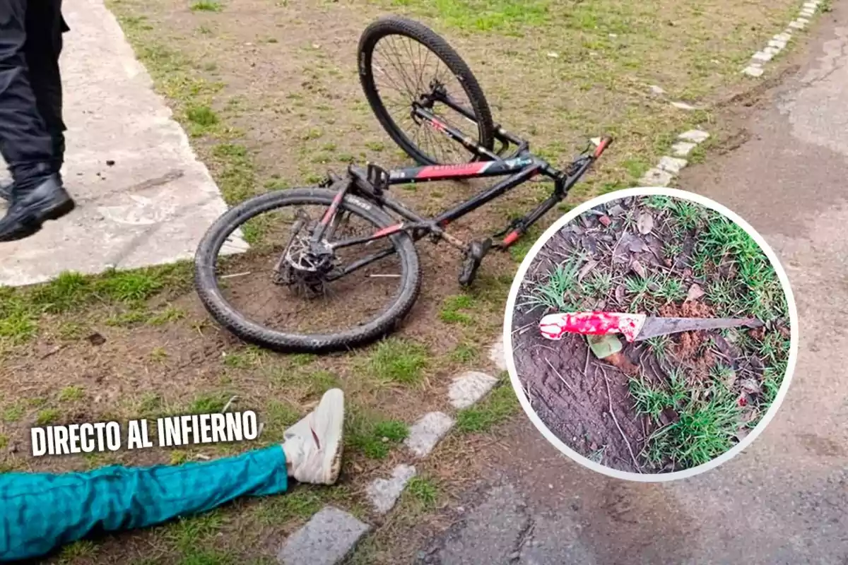 Person lying on the ground next to a fallen bicycle, a police officer walking nearby, and a circle showing a bloodied knife on the grass, with the text "Straight to Hell" on the image.