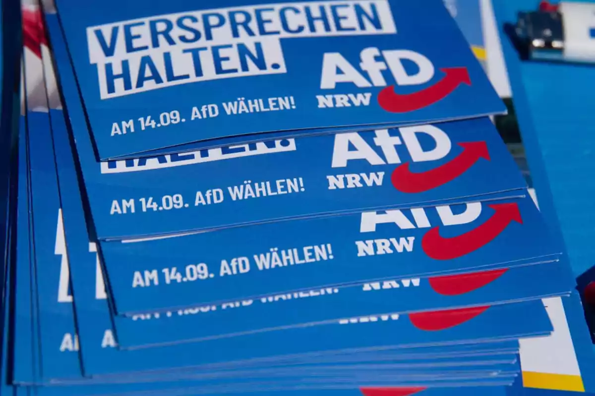 Varios folletos azules de propaganda política del partido alemán AfD con texto en alemán y una flecha roja