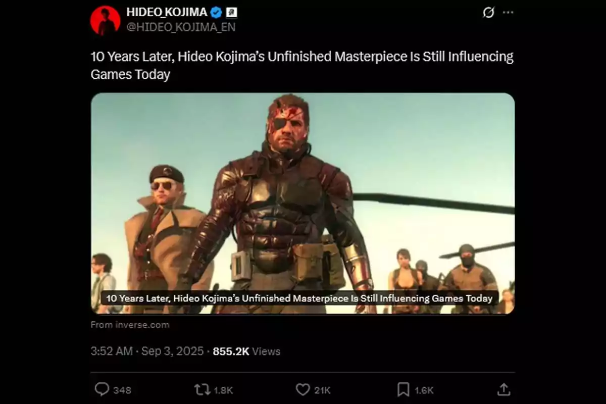 Screenshot of a tweet by Hideo Kojima showing an image from the video game Metal Gear Solid V with the main character and his team in front of a helicopter Screenshot of a tweet by Hideo Kojima showing an image from the video game Metal Gear Solid V with the main character and his team in front of a helicopter