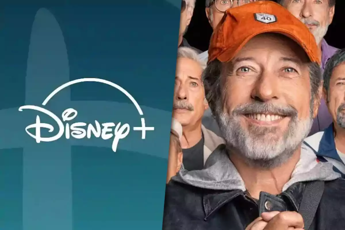 Disney Plus logo next to a gray-bearded man wearing an orange cap and smiling, accompanied by other men in the background.