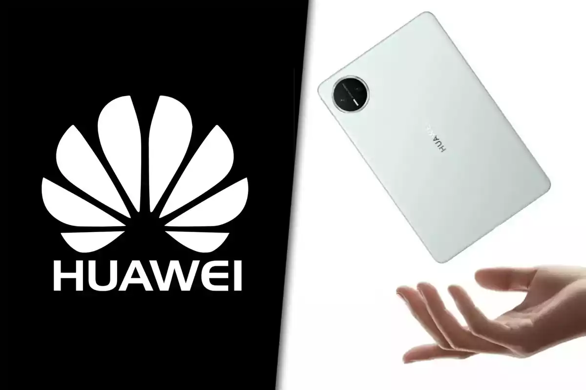Logo de Huawei a la izquierda y una mano sosteniendo una tablet Huawei a la derecha sobre fondo blanco