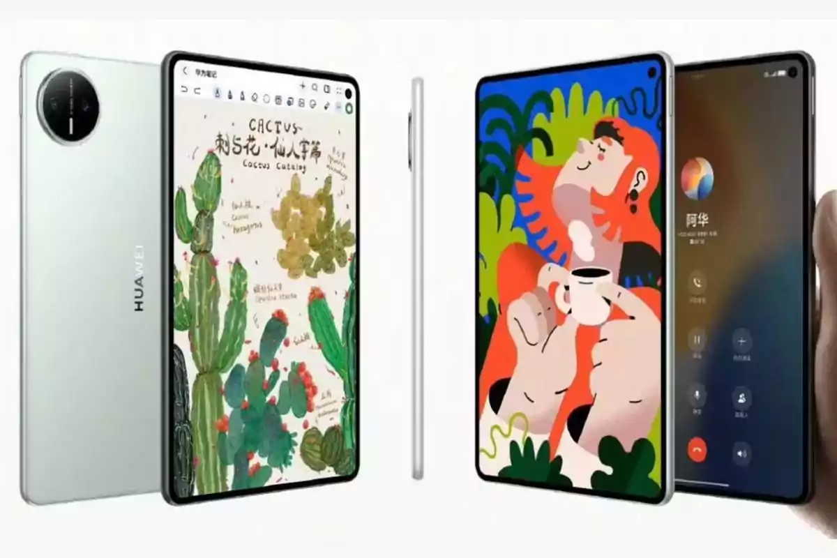 Tres dispositivos Huawei plegables mostrando diferentes pantallas, uno con ilustraciones de cactus, otro con una ilustración colorida de una persona tomando café y el tercero con una pantalla de llamada. Tres dispositivos Huawei plegables mostrando diferentes pantallas, uno con ilustraciones de cactus, otro con una ilustración colorida de una persona tomando café y el tercero con una pantalla de llamada.