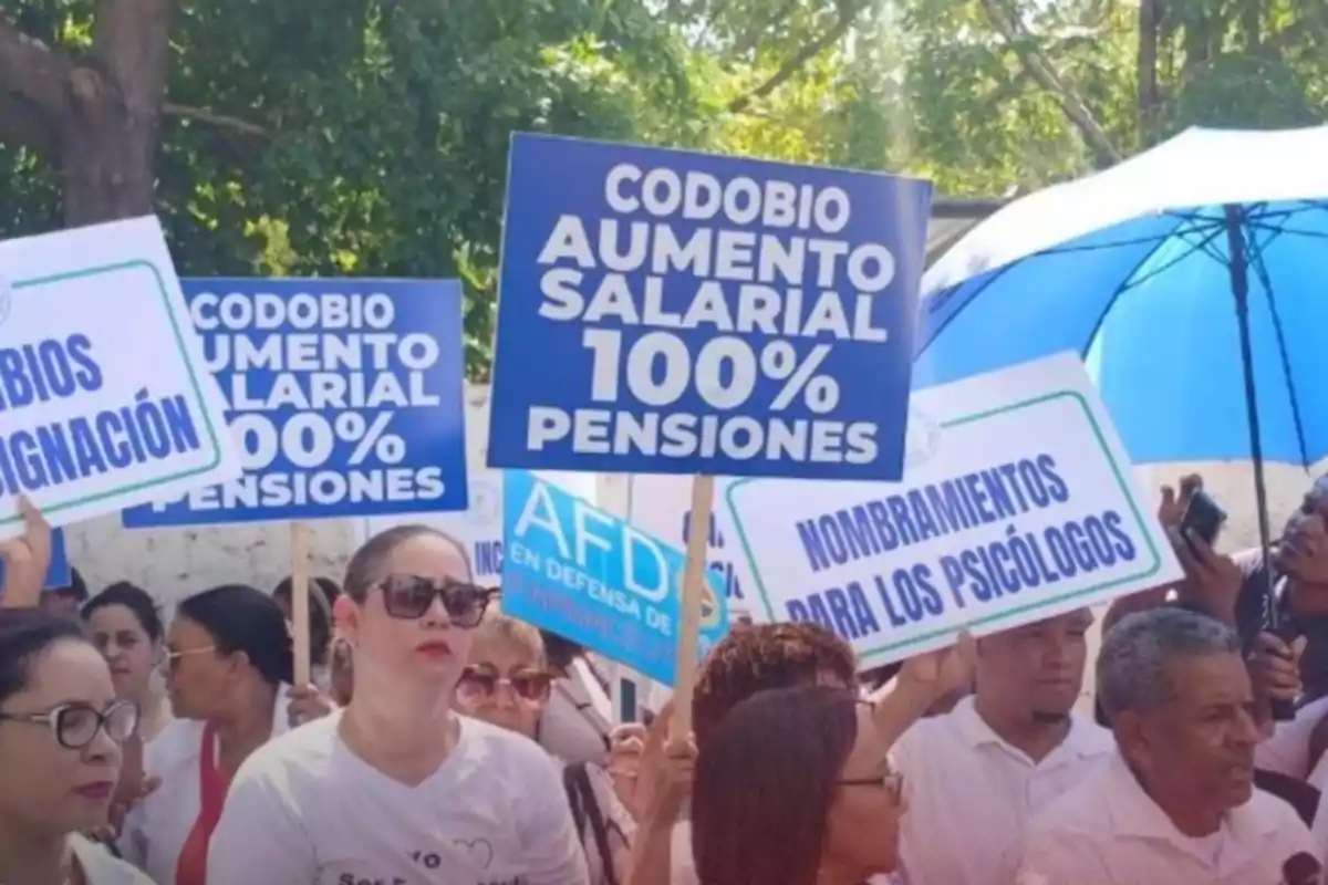 Personas manifestándose con pancartas que exigen aumento salarial, pensiones y nombramientos para psicólogos