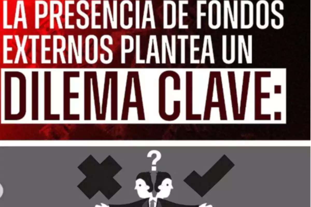 Imagen con el texto la presencia de fondos externos plantea un dilema clave y una ilustración de dos personas con un signo de interrogación sobre sus cabezas, un símbolo de equis a la izquierda y una paloma de verificación a la derecha. Imagen con el texto la presencia de fondos externos plantea un dilema clave y una ilustración de dos personas con un signo de interrogación sobre sus cabezas, un símbolo de equis a la izquierda y una paloma de verificación a la derecha.