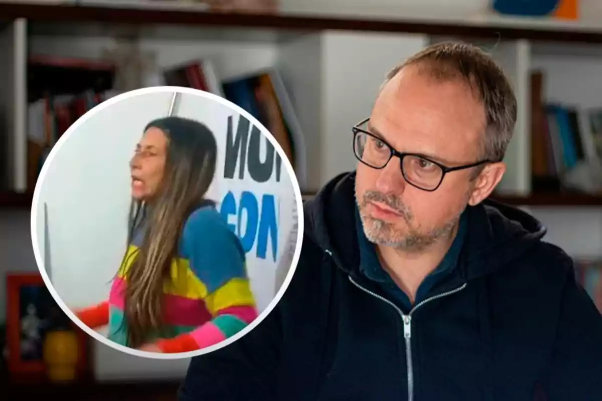 A man with glasses and a beard watches intently while, inside a circle, a woman in a colorful sweater speaks energetically in front of a poster, both in indoor settings with shelves in the background.