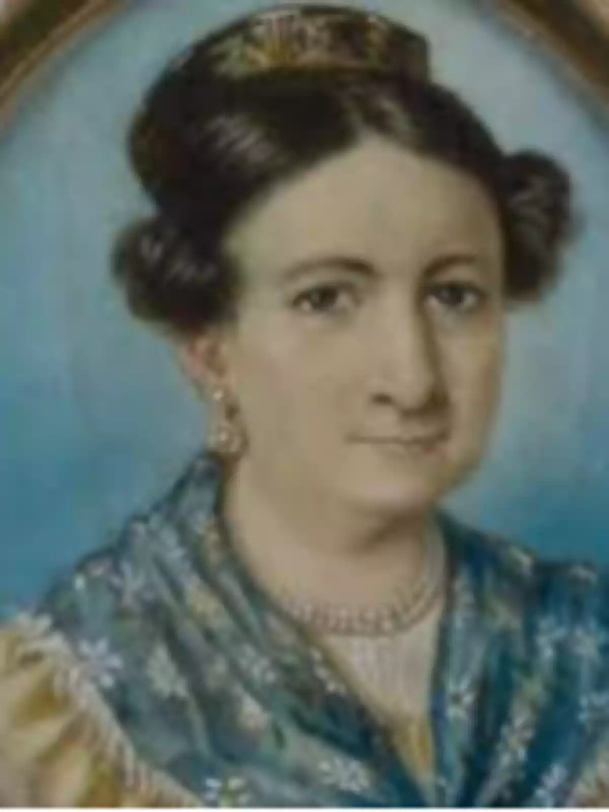 Painted portrait of a woman with dark hair tied up, dressed in a decorated blue shawl and jewelry, against a light blue background Painted portrait of a woman with dark hair tied up, dressed in a decorated blue shawl and jewelry, against a light blue background