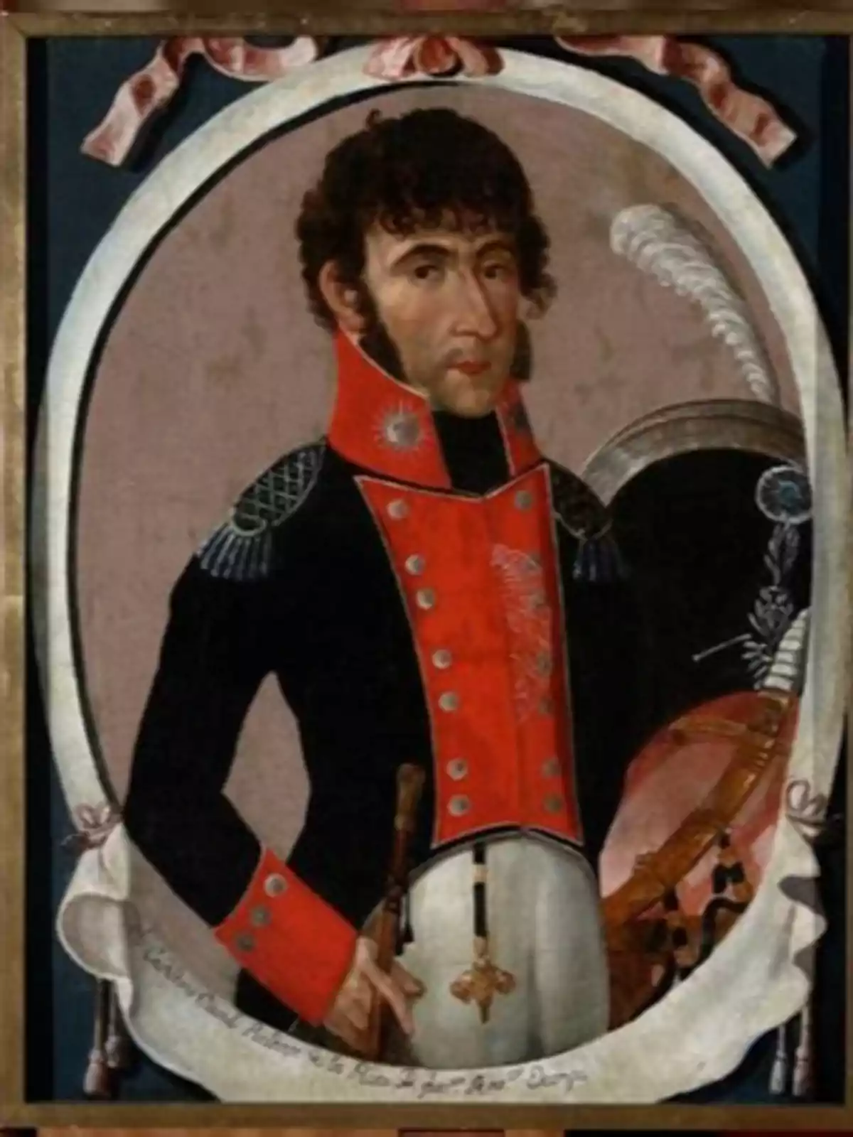 Portrait of a man in a black and red military uniform with silver epaulettes and a decorative background, holding a baton, with a feather and drum in the background Portrait of a man in a black and red military uniform with silver epaulettes and a decorative background, holding a baton, with a feather and drum in the background