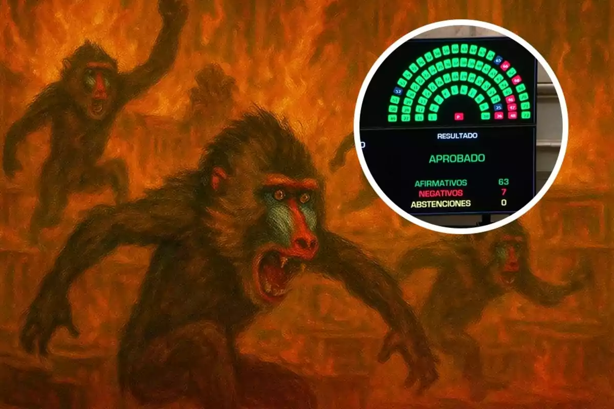 Painting of several baboons running through flames with a superimposed circle showing a parliamentary voting screen with the result approved