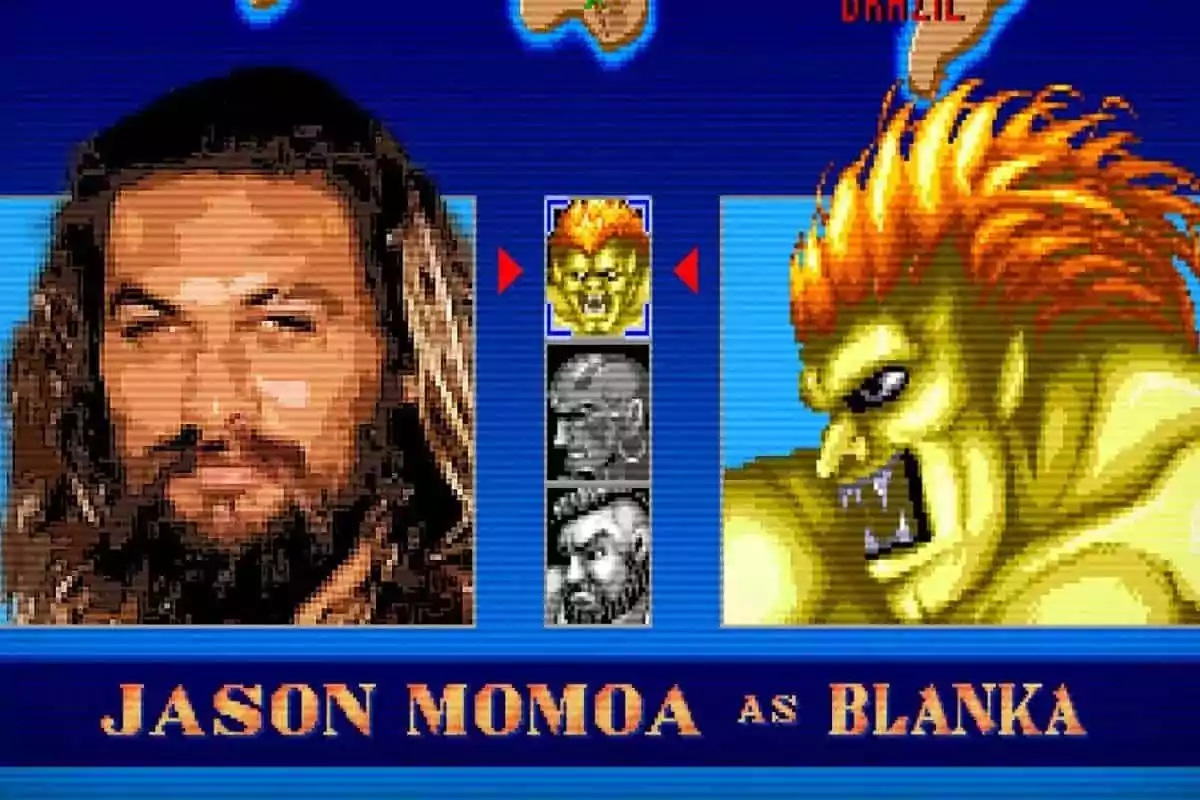 Selección de personaje en un videojuego clásico con un retrato pixelado de un hombre de cabello largo y barba junto a la imagen del personaje Blanka Selección de personaje en un videojuego clásico con un retrato pixelado de un hombre de cabello largo y barba junto a la imagen del personaje Blanka
