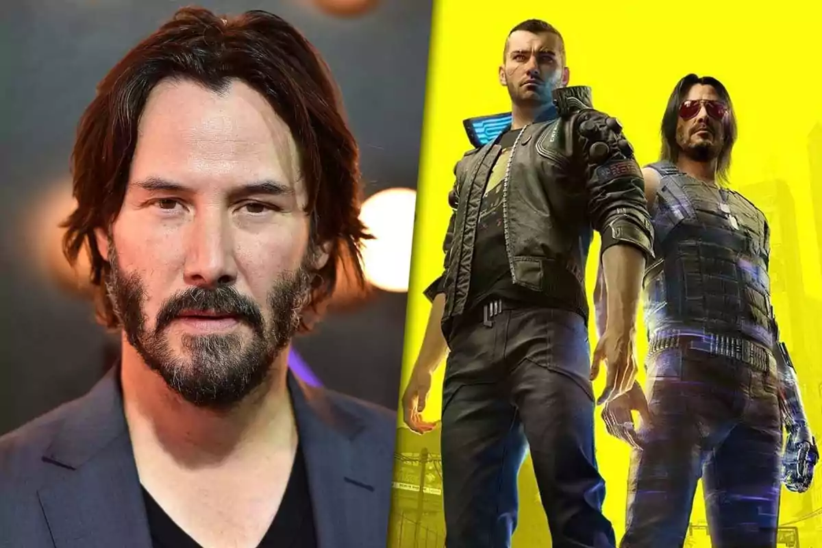 A long-haired, bearded man appears next to a promotional image of the video game Cyberpunk 2077 featuring two characters on a yellow background.