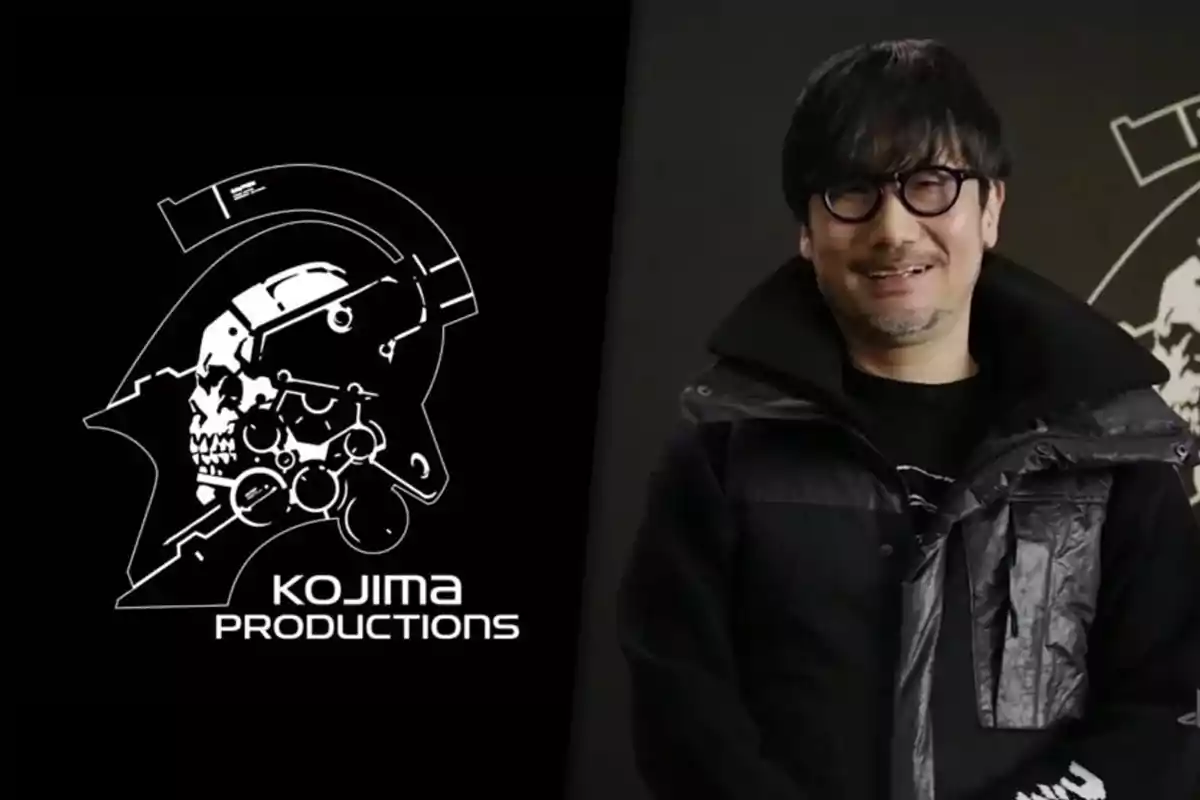 Smiling man with glasses and a dark jacket next to the Kojima Productions logo on a black background