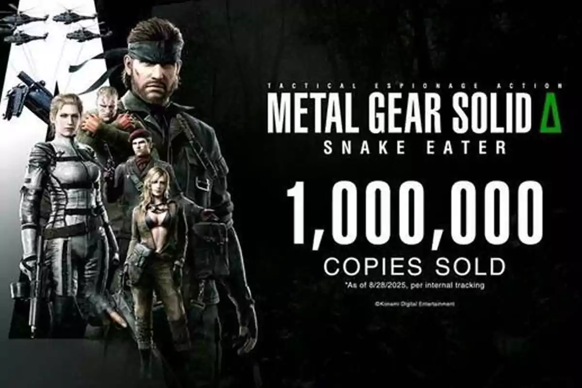 Promotional image of Metal Gear Solid Snake Eater featuring several characters from the game and the announcement of one million copies sold Promotional image of Metal Gear Solid Snake Eater featuring several characters from the game and the announcement of one million copies sold