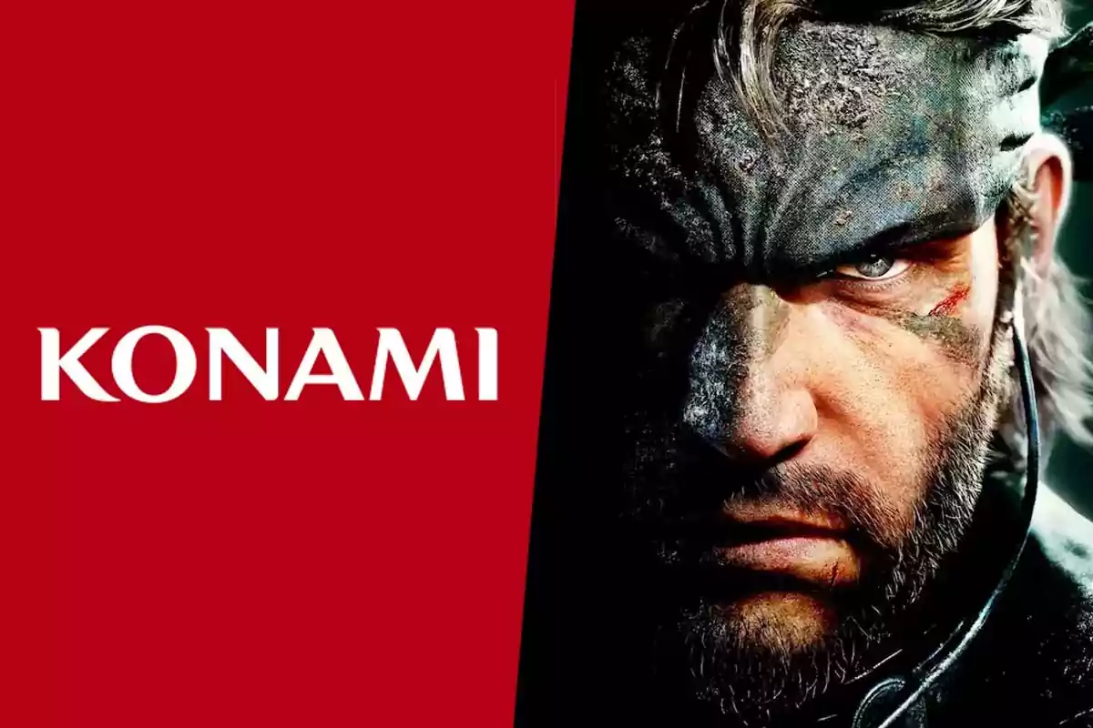 Konami logo on the left and a close-up of a video game character with a serious expression on the right