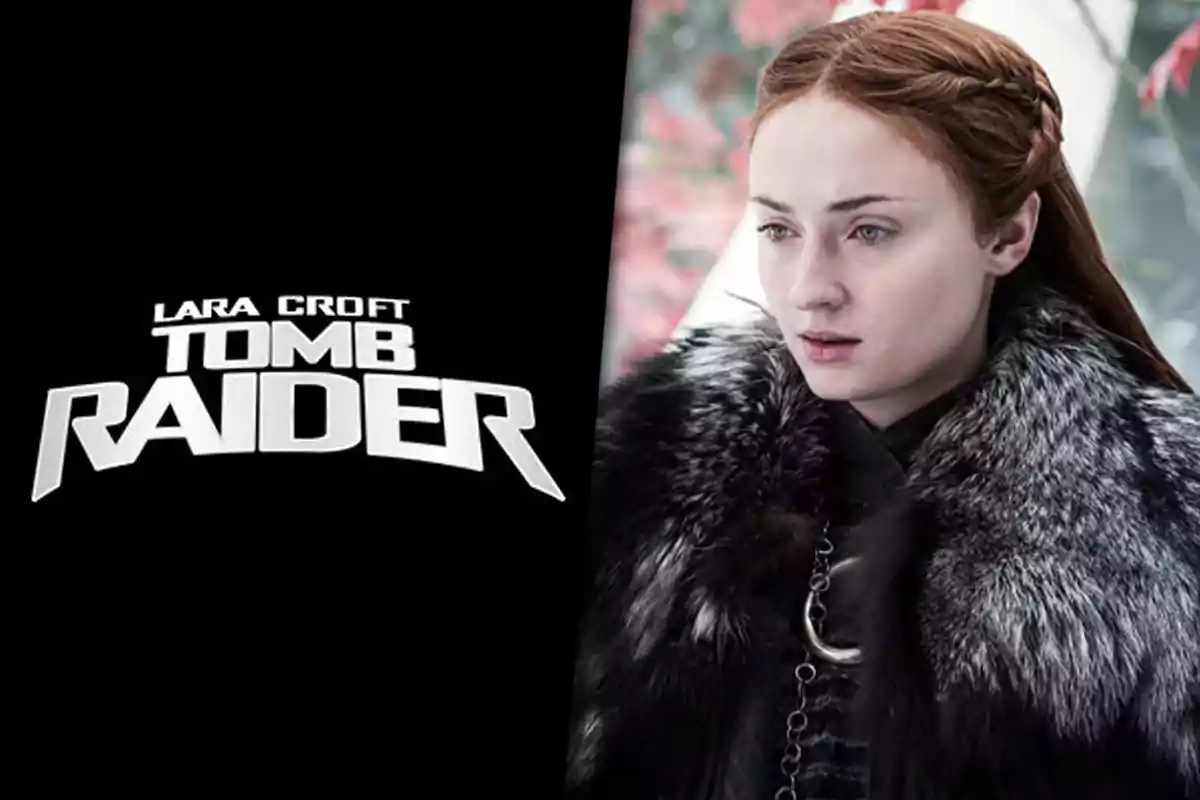 Logo de Tomb Raider a la izquierda y una mujer pelirroja con abrigo de piel mirando hacia el frente a la derecha Logo de Tomb Raider a la izquierda y una mujer pelirroja con abrigo de piel mirando hacia el frente a la derecha