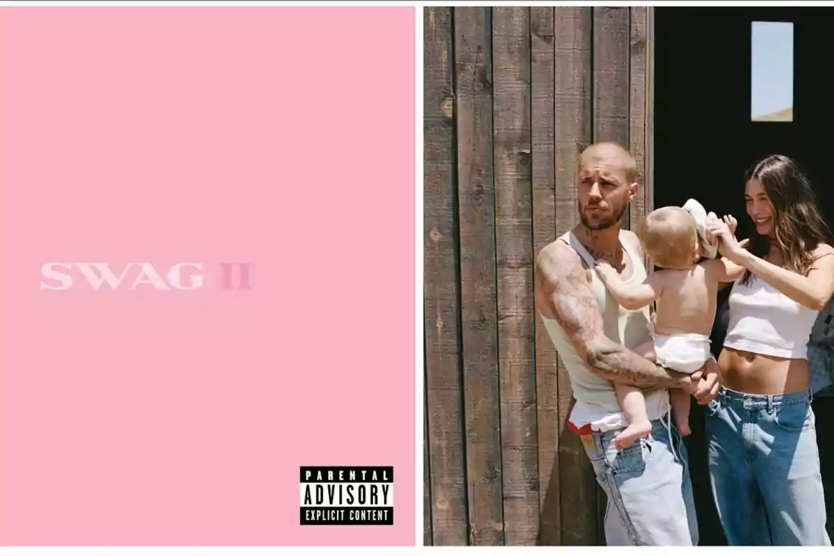 Cover divided into two parts: on the left, a pink background with the text SWAG II and an explicit content warning; on the right, a tattooed man holds a baby while a smiling woman puts a hat on the child in front of a wooden wall. Cover divided into two parts: on the left, a pink background with the text SWAG II and an explicit content warning; on the right, a tattooed man holds a baby while a smiling woman puts a hat on the child in front of a wooden wall.