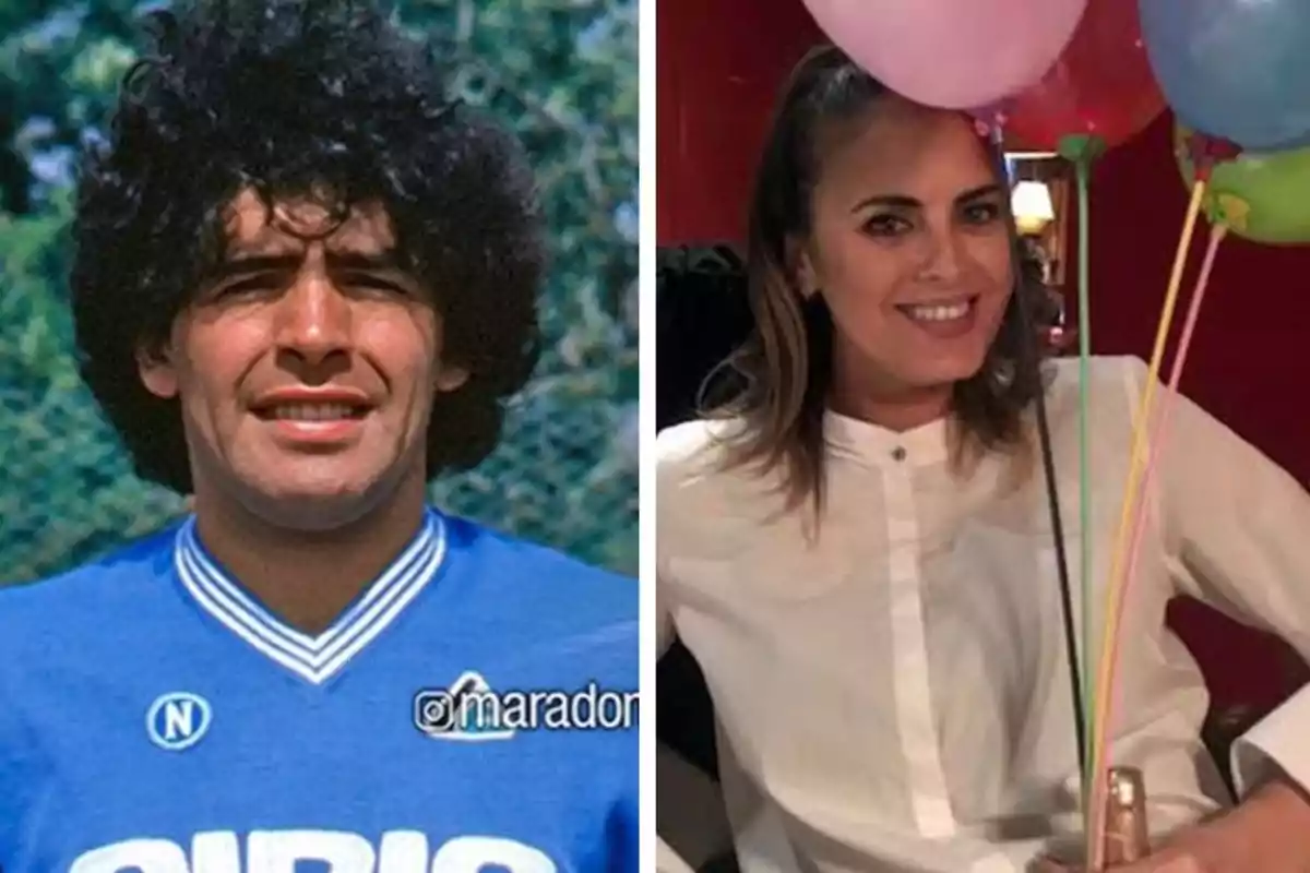 Split photograph showing a man with curly hair and a blue jersey on the left and a smiling woman with colorful balloons on the right Split photograph showing a man with curly hair and a blue jersey on the left and a smiling woman with colorful balloons on the right