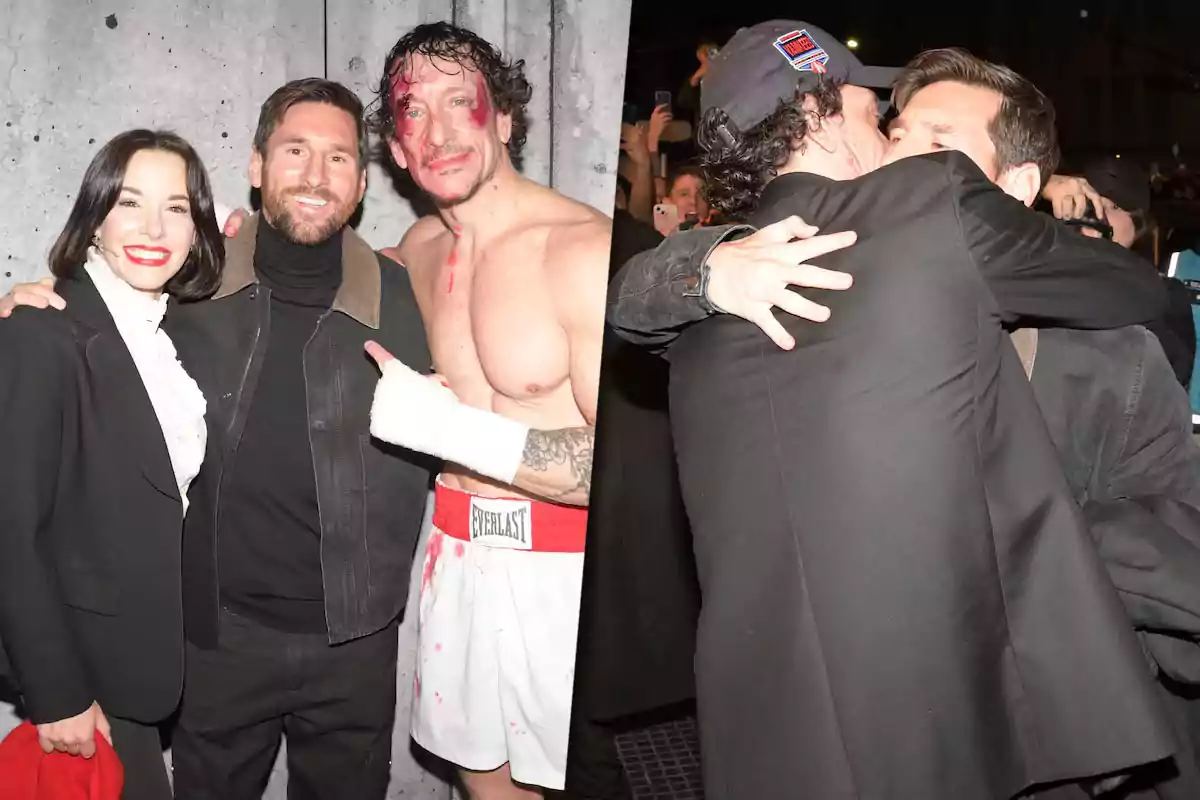 Three people pose smiling, one of them dressed as a boxer with fake blood makeup, while in the other half of the image two men embrace enthusiastically at a nighttime event.