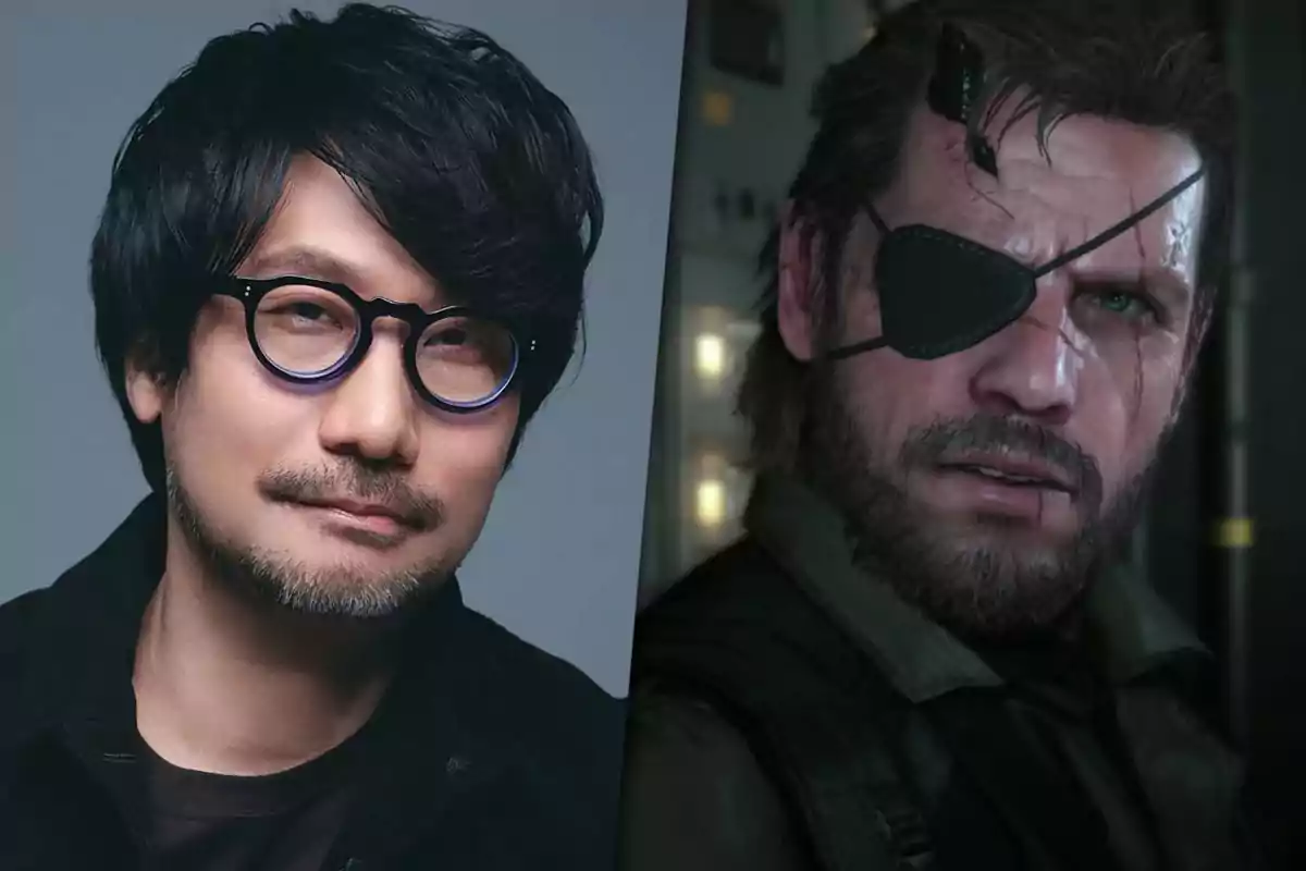 Split photograph showing a man with dark-framed glasses on the left and a video game character with an eye patch on the right.