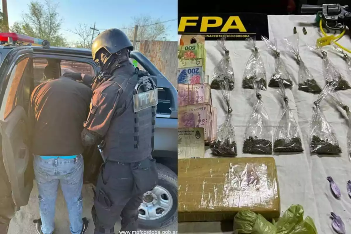 Un policía con uniforme táctico detiene a una persona junto a una patrulla mientras en otra imagen se muestran bolsas con droga, dinero en efectivo, un arma y municiones sobre una mesa