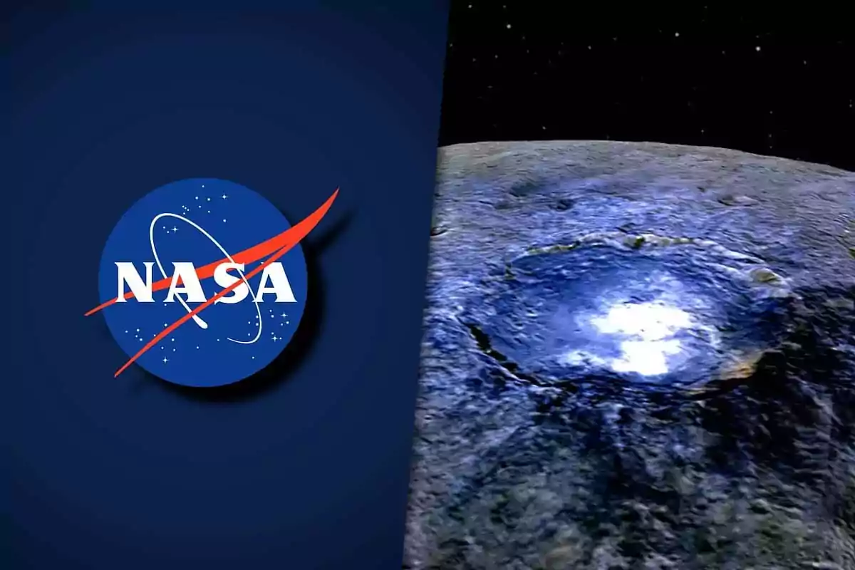 NASA logo next to an image of a bright crater on the surface of a planet or moon