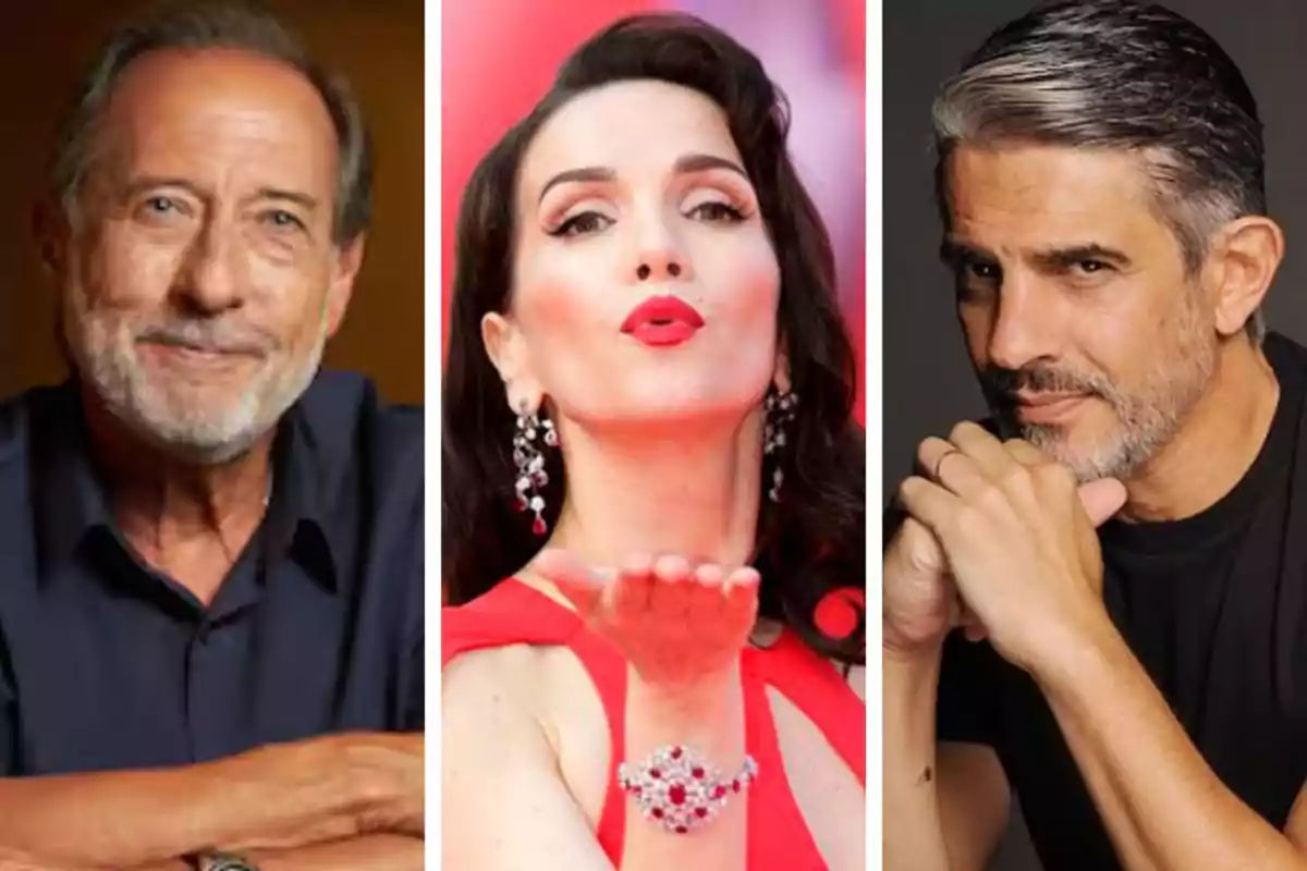 Three people posing: an older man with a beard, a woman with red lips blowing a kiss, and a gray-haired man with a short beard.