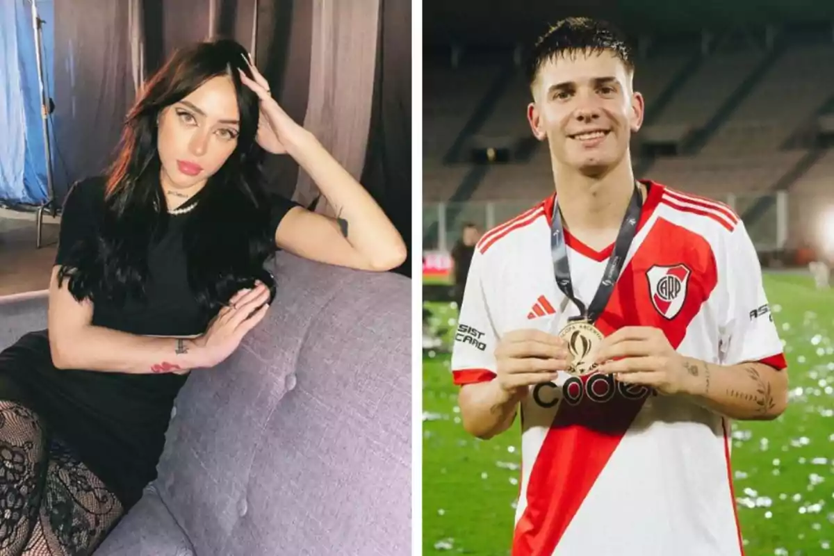 A woman with long dark hair sitting in an armchair and a young man wearing a River Plate soccer jersey holding a medal in a stadium A woman with long dark hair sitting in an armchair and a young man wearing a River Plate soccer jersey holding a medal in a stadium