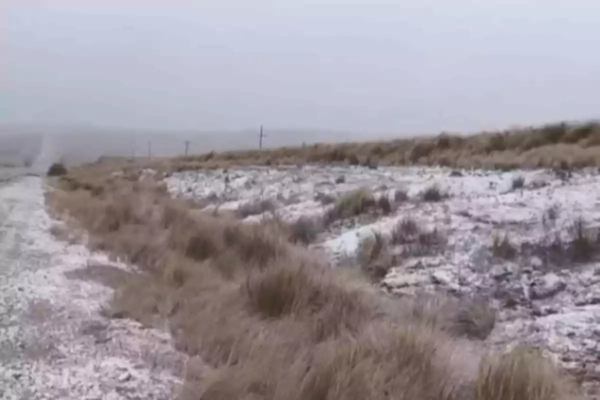 Partially snow-covered countryside landscape with dry grass and cloudy sky Partially snow-covered countryside landscape with dry grass and cloudy sky