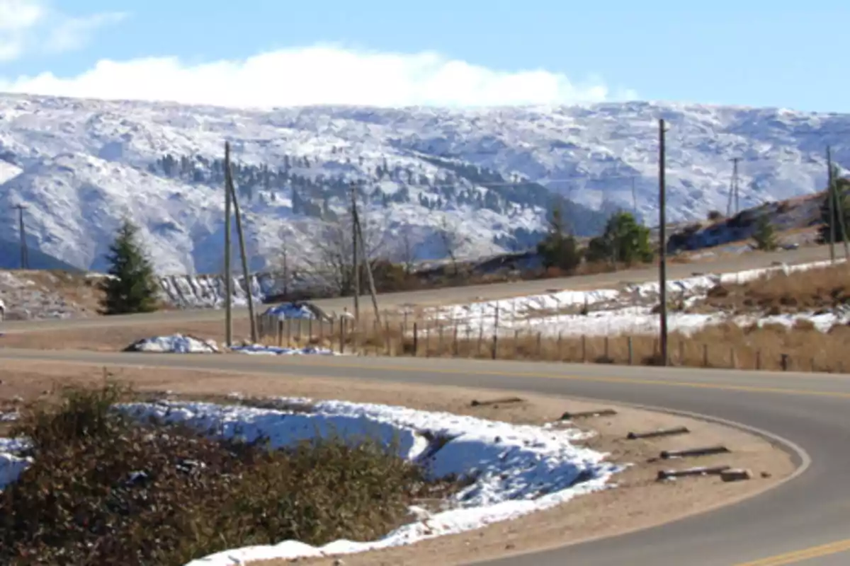 Curvy road in a rural area with snow-capped mountains in the background and light poles on the sides