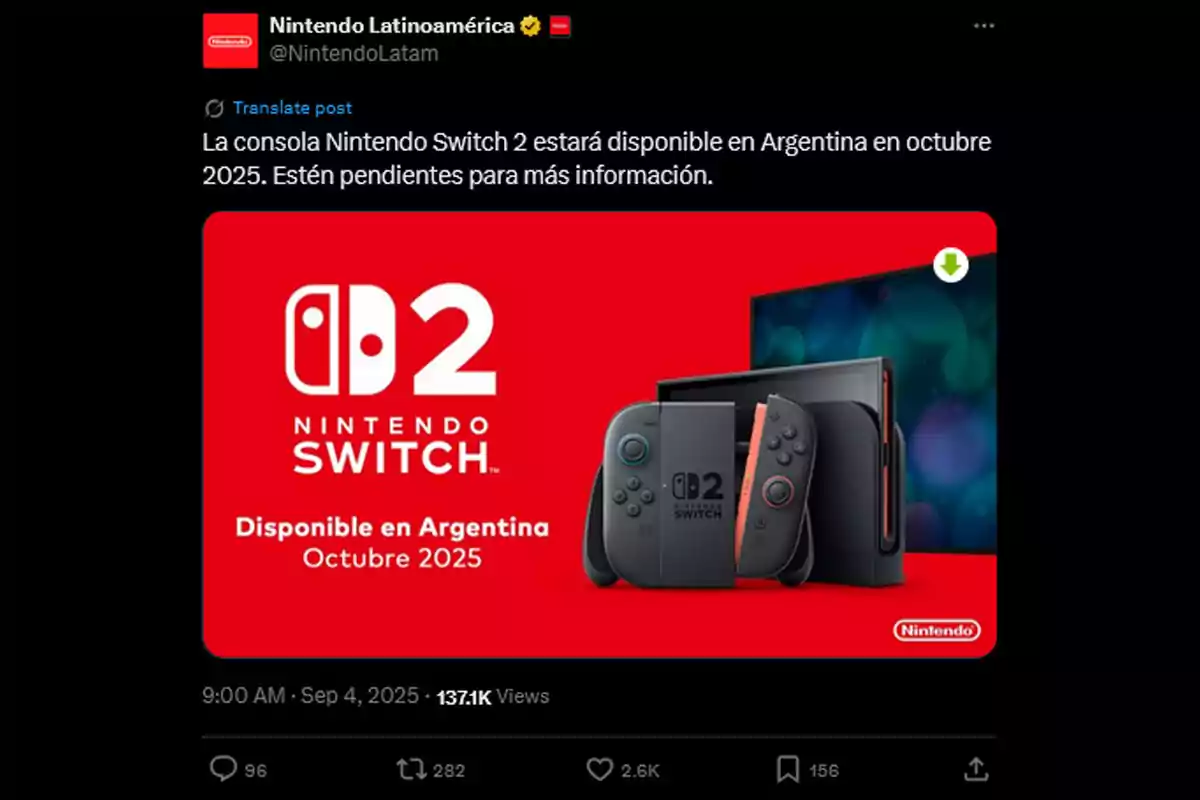 Nintendo Latin America post announcing the availability of the Nintendo Switch 2 console in Argentina for October 2025 with a promotional image of the console and controllers on a red background Nintendo Latin America post announcing the availability of the Nintendo Switch 2 console in Argentina for October 2025 with a promotional image of the console and controllers on a red background