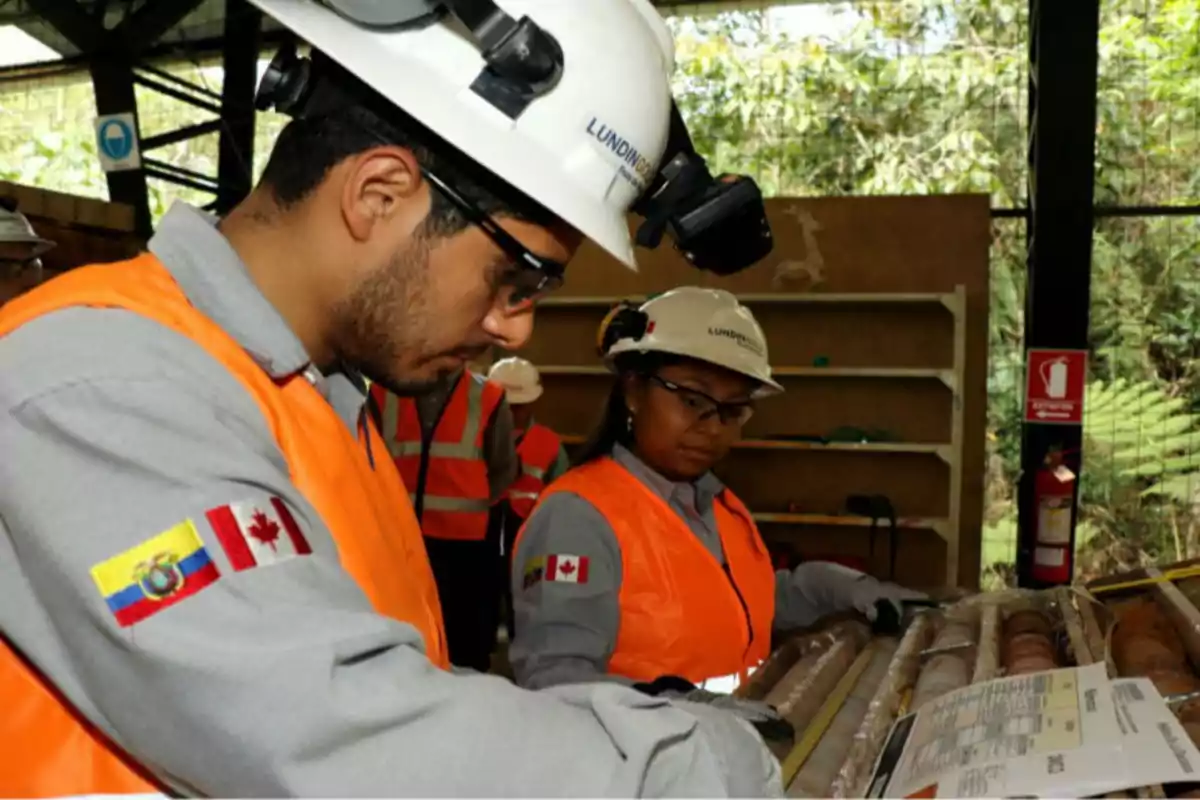 Trabajadores con casco y chaleco naranja revisan muestras de rocas en una instalación minera rodeada de vegetación Trabajadores con casco y chaleco naranja revisan muestras de rocas en una instalación minera rodeada de vegetación