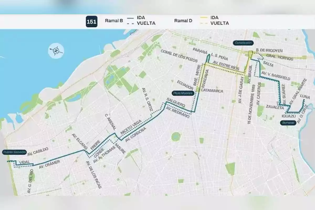 Route map of bus line 151 in the city of Buenos Aires showing the main streets and avenues it travels along and the names of some notable stops Route map of bus line 151 in the city of Buenos Aires showing the main streets and avenues it travels along and the names of some notable stops