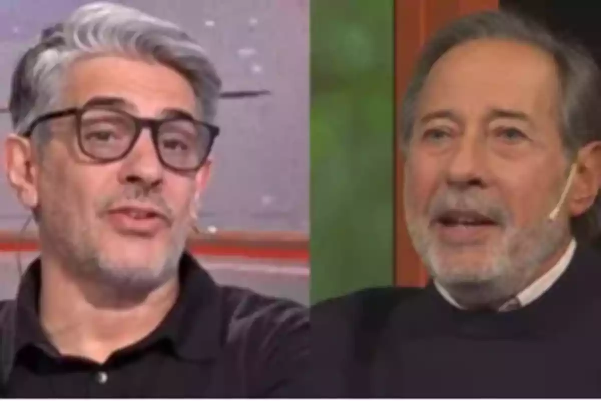 Two middle-aged men with gray hair and beards appear on a television show, both wearing headset microphones and looking at the camera. Two middle-aged men with gray hair and beards appear on a television show, both wearing headset microphones and looking at the camera.