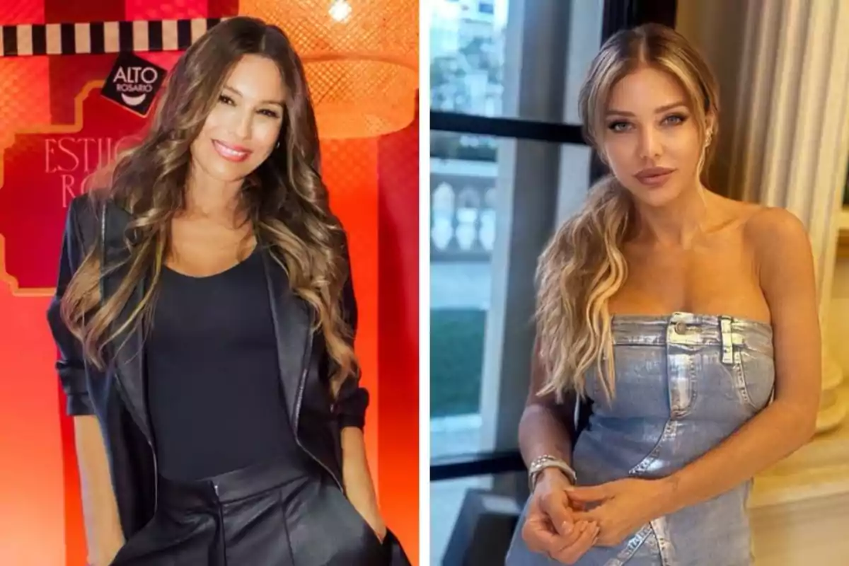 Two women pose in different settings, one wearing a black outfit with a jacket and the other a strapless denim dress.